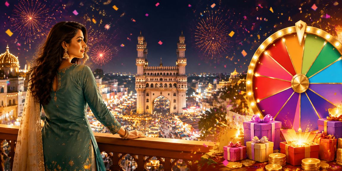 Hyderabad Charminar with roulette wheel and traditional dress